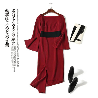 New irregular waist-tightening dresses red medium-length dress for solid slash neck flare sleevebanquet in 2026